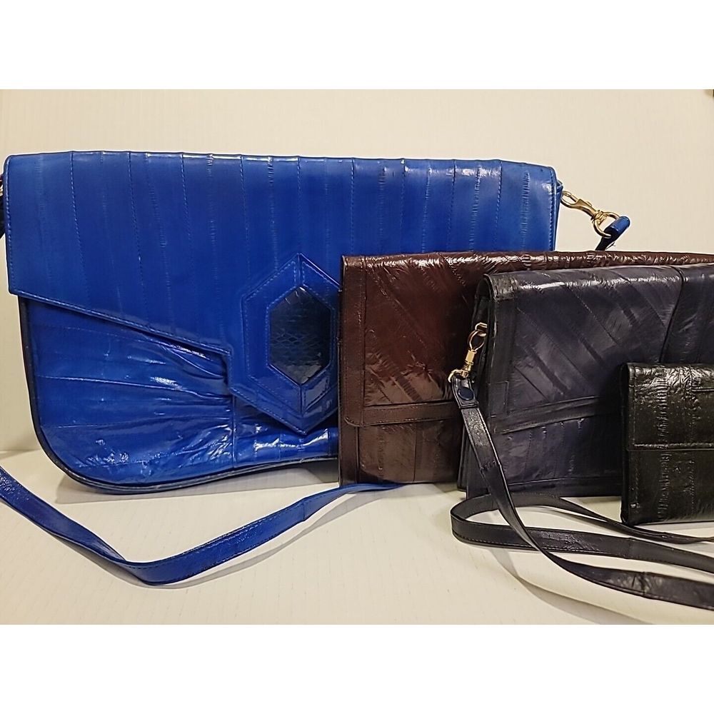Eel Skin Purse Lot Bright‎ Blue, Violet, Black, Wine Clutch Wallet Bag